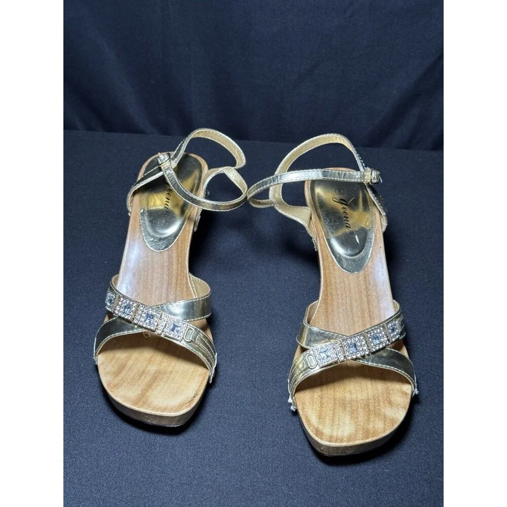 Geena Metallic Gold Cutout Wooden Heels Sandal Rhinestone Y2K Bling Womens 8